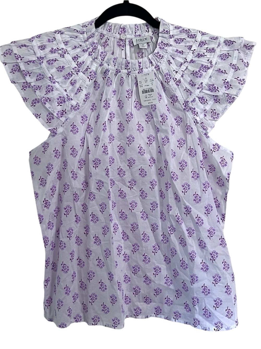 NWT J.Crew Factory Medium Flutter Sleeve Top White Purple Floral Lightweight M